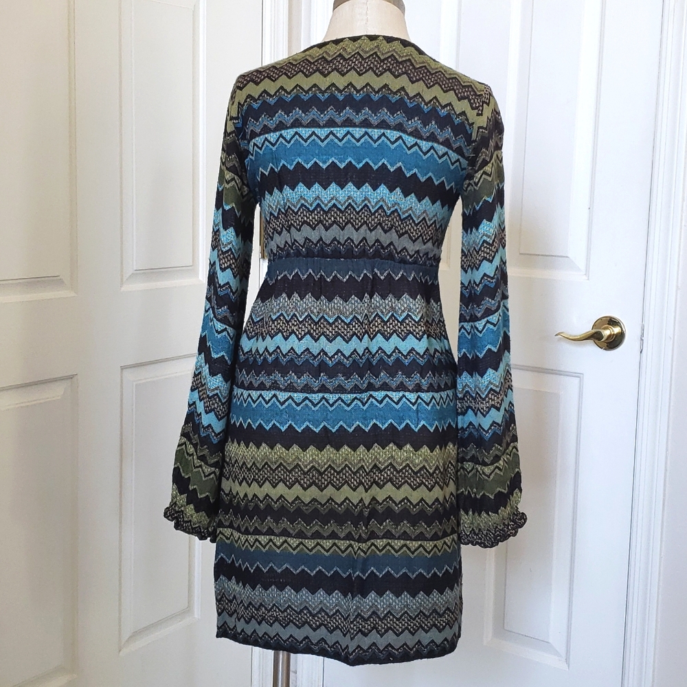 Vintage Y2K HALE BOB Boho Woven Mini Dress • Olive Green Turquoise Chevron • XS - Picture 6 of 12